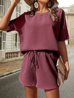 Waffle-Knit Half Sleeve Top and Shorts Set-Teresa's Fashionista LLC