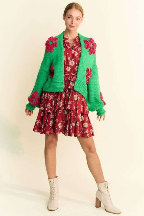 Davi & Dani Floral Applique Open Front Drop Shoulder Cardigan - Teresa's Fashionista LLC