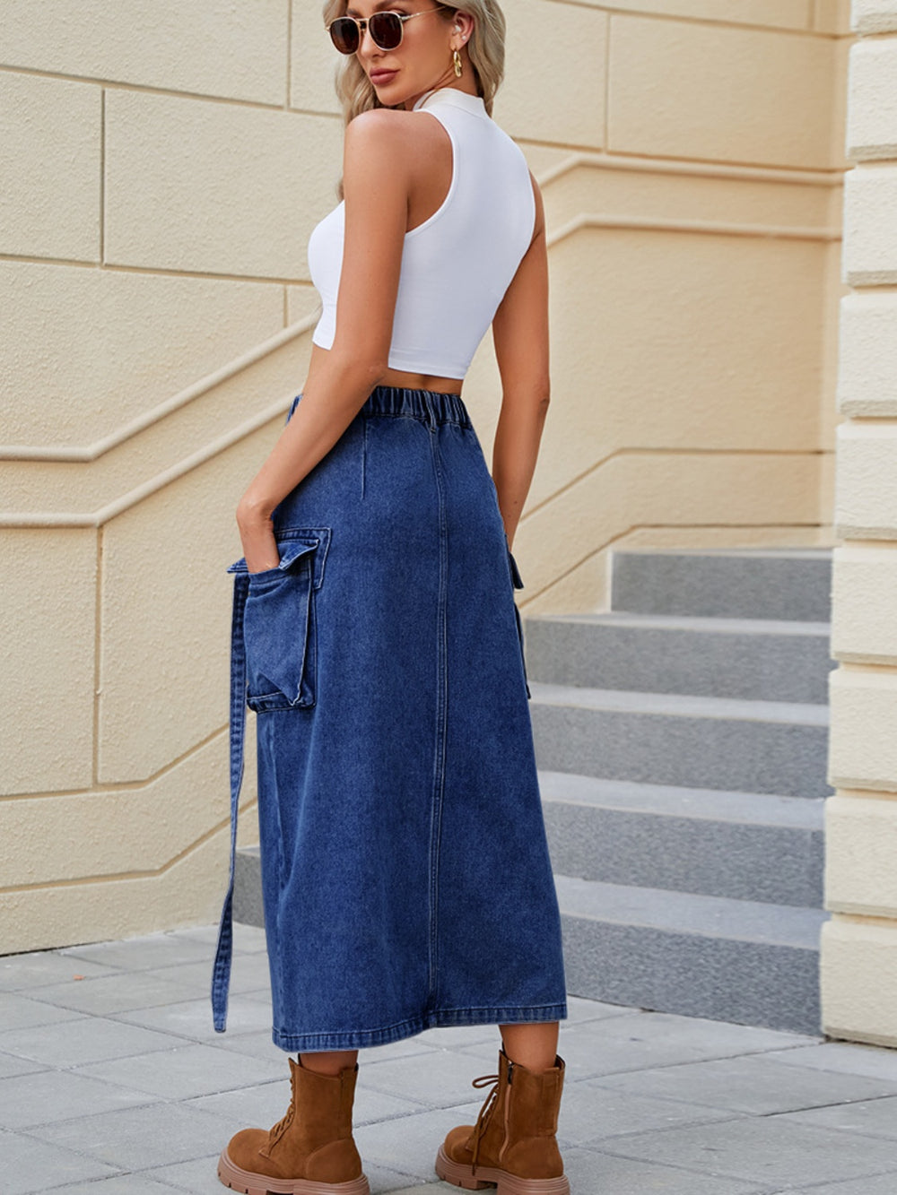 Slit Pocketed High Waist Denim Skirt-Teresa's Fashionista LLC