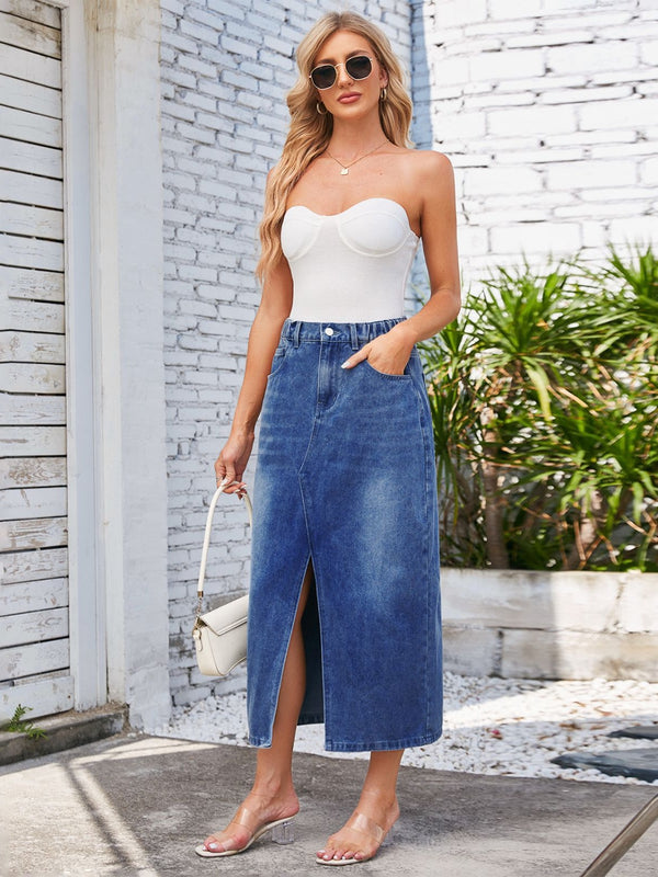 Slit Midi Denim Skirt with Pockets-Teresa's Fashionista LLC