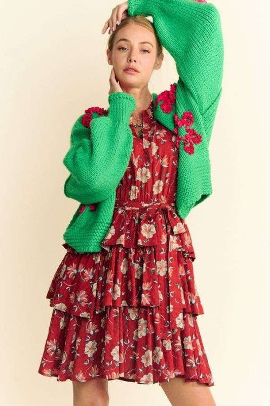 Davi & Dani Floral Applique Open Front Drop Shoulder Cardigan - Teresa's Fashionista LLC