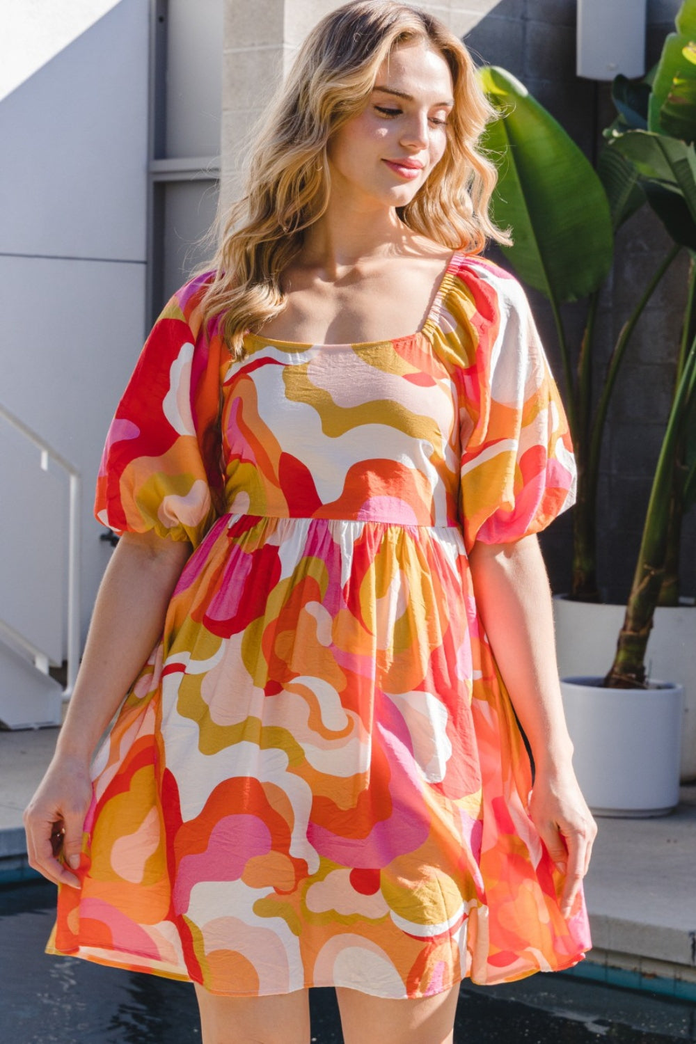ODDI Full Size Printed Tied Back Short Sleeve Mini Dress-Teresa&#39;s Fashionista LLC
