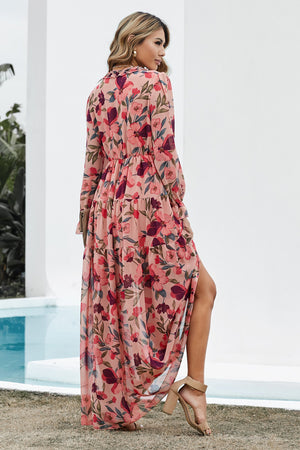 Floral Frill Trim Flounce Sleeve Plunge Maxi Dress-Teresa's Fashionista LLC