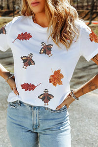 Full Size Sequin Autumn Leaf Thanksgiving Turkey T Shirt Plus Size