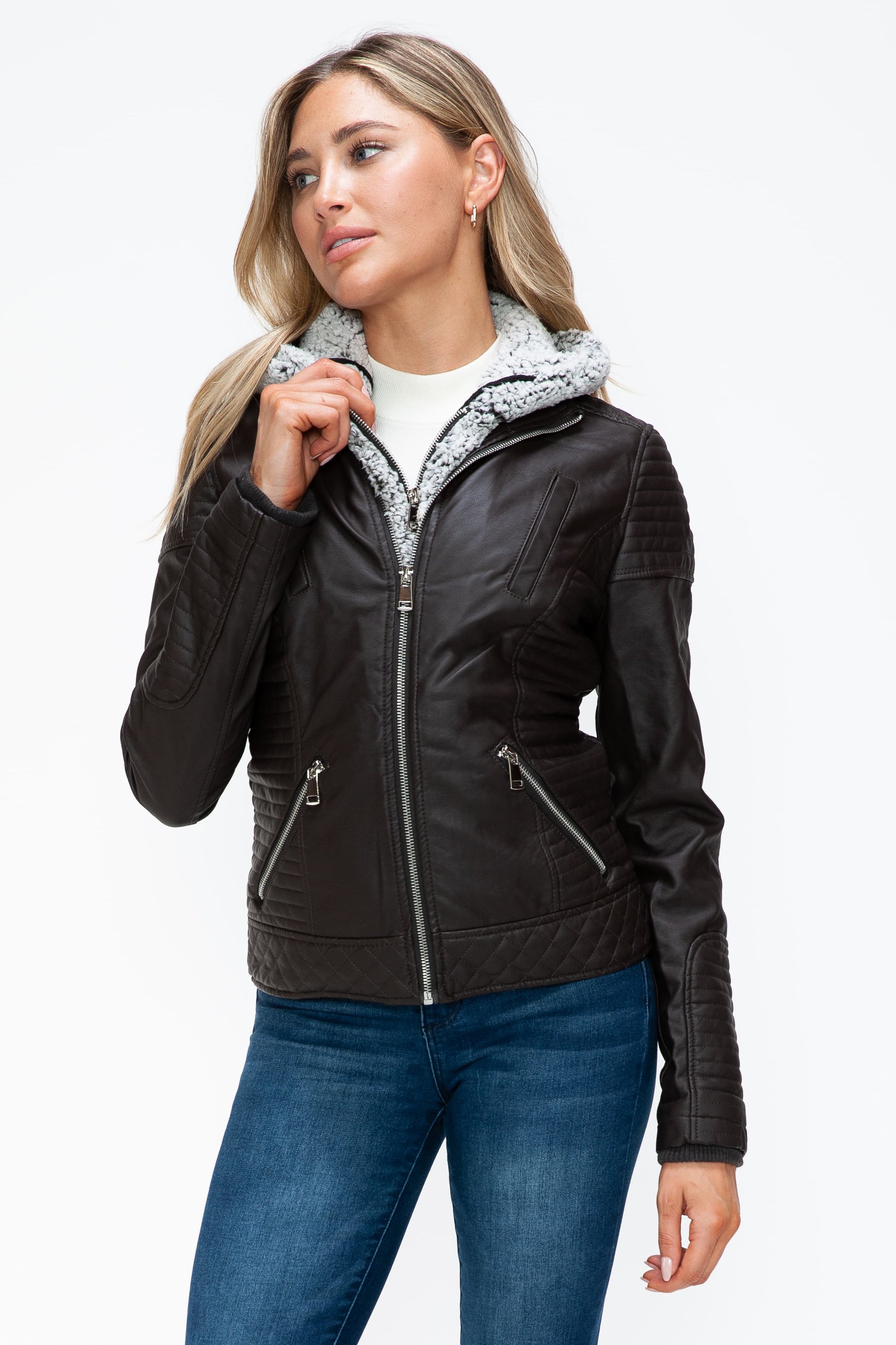 YMI Faux Layered Double-Zipper Jacket with Fuzzy Hood - Teresa's Fashionista LLC