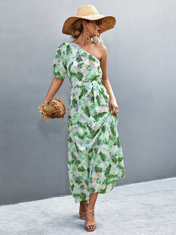 Printed Tie Waist One Shoulder Maxi Dress-Teresa's Fashionista LLC