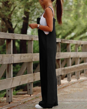 Women's Sleeveless Jumpsuit With Pockets And Adjustable Shoulder Strap Fashion Loose Wide Leg Straight Overalls Summer Beach Trousers - Teresa's Fashionista LLC