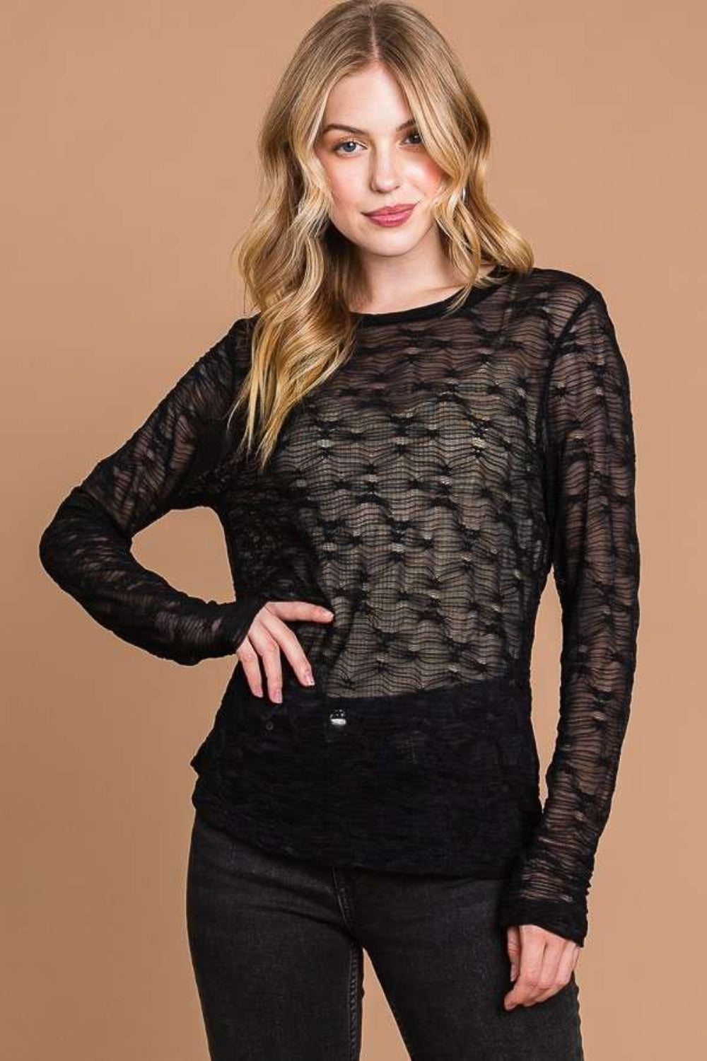 Culture Code Full Size Round Neck Mesh Perspective Top-Teresa's Fashionista LLC