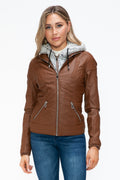 YMI Faux Layered Double-Zipper Jacket with Fuzzy Hood - Teresa's Fashionista LLC