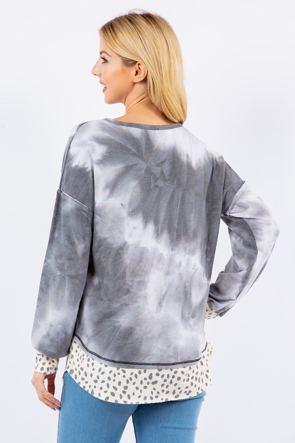 Celeste Full Size Contrast Stitching Notched Dropped Shoulder Blouse - Teresa's Fashionista LLC