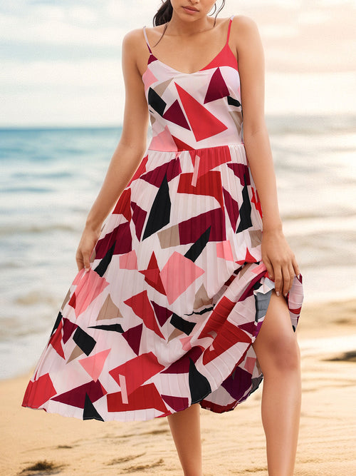 Pleated Geometric Spaghetti Strap Dress-Teresa's Fashionista LLC