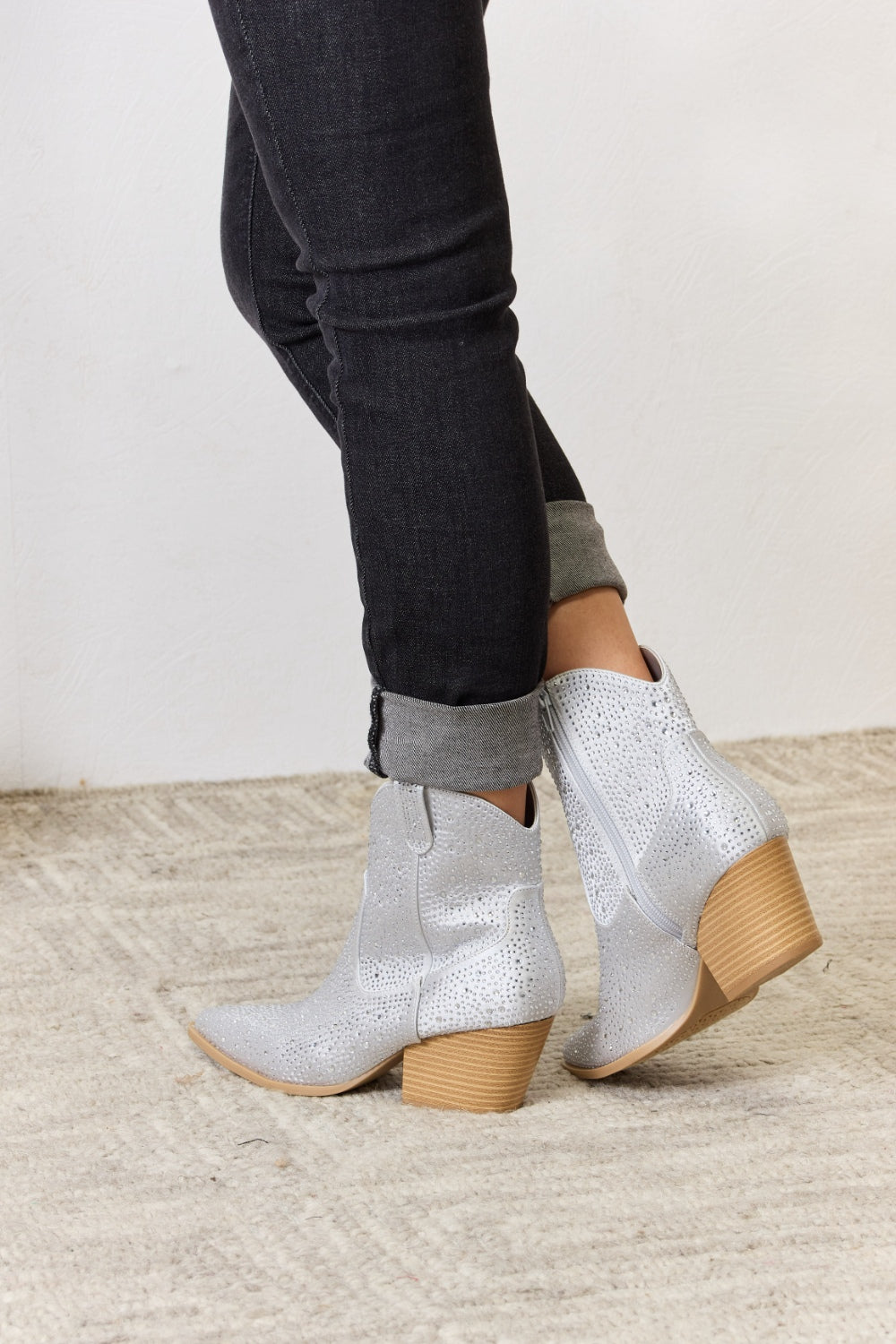 East Lion Corp Rhinestone Ankle Cowboy Boots-Teresa&#39;s Fashionista LLC