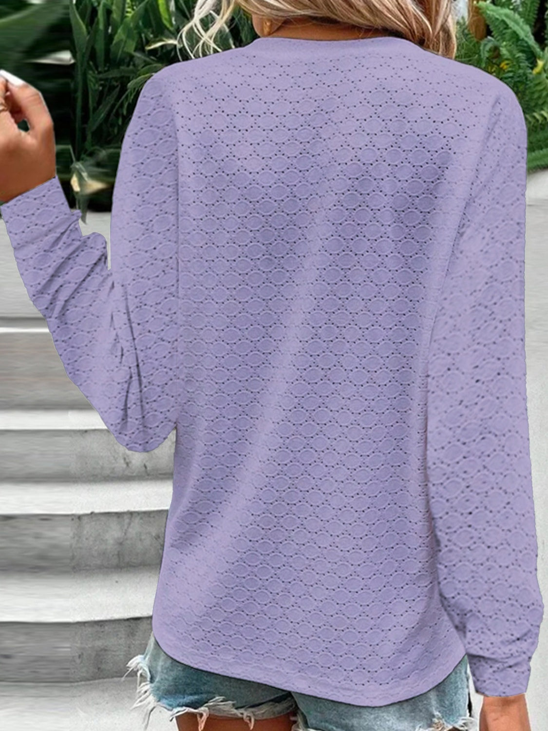 Eyelet Notched Long Sleeve T-Shirt-Teresa&#39;s Fashionista LLC