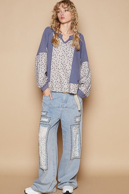 POL Waffle Knit Floral Notched Long Sleeve Top - Teresa's Fashionista LLC