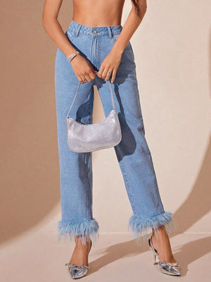 Plush Hem High Rise Straight Jeans - Teresa's Fashionista LLC