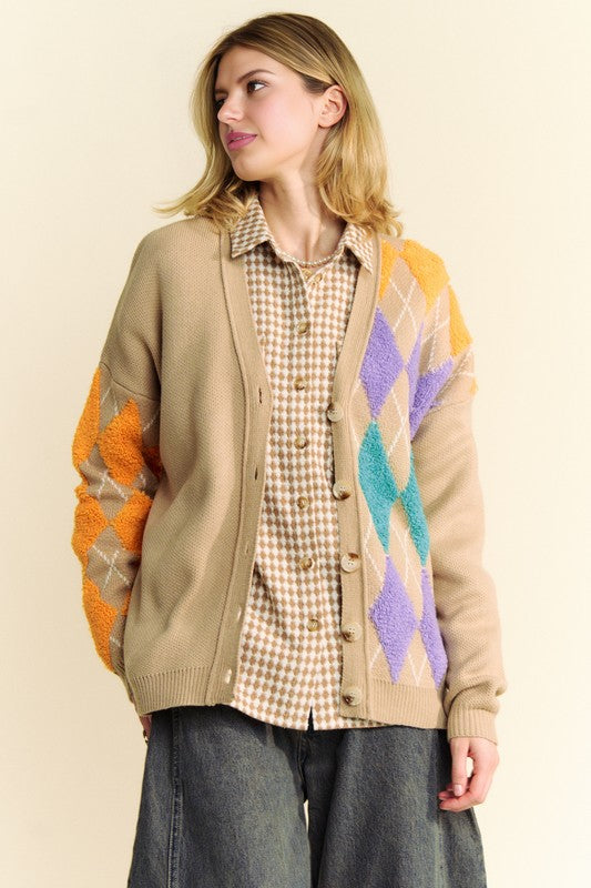 Davi & Dani Argyle V-Neck Dropped Shoulder Cardigan - Teresa's Fashionista LLC