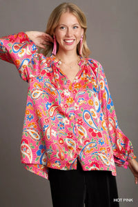 Umgee Full Size Satin Paisley Ruffle Neck Button-Up Shirt Plus Size