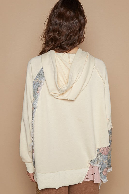 POL Floral Patchwork Distressed Drawstring Hoodie - Teresa's Fashionista LLC