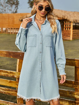 Button Up Collared Neck Raw Hem Denim Dress-Teresa's Fashionista LLC