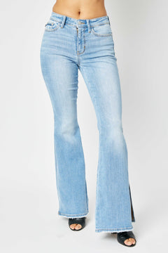 Judy Blue Full Size Mid Rise Raw Hem Slit Flare Jeans-Teresa's Fashionista LLC