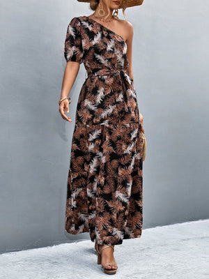 Printed Tie Waist One Shoulder Maxi Dress-Teresa's Fashionista LLC