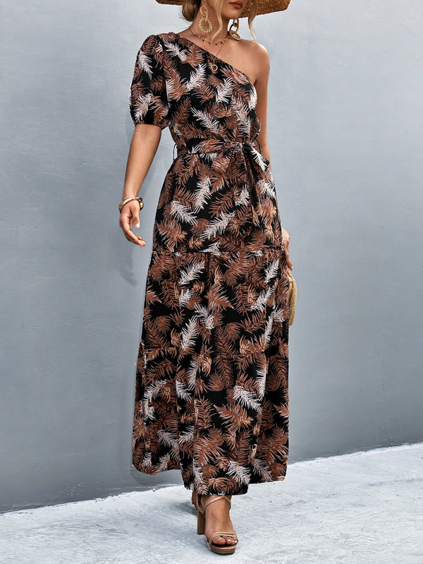 Printed Tie Waist One Shoulder Maxi Dress-Teresa's Fashionista LLC