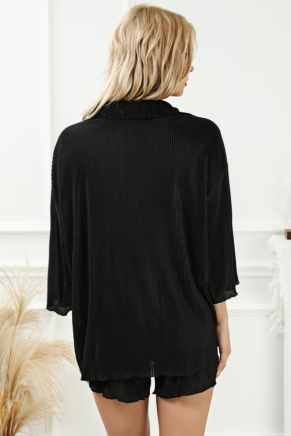 Pleated Button Up Shirt and Shorts Lounge Set-Teresa's Fashionista LLC