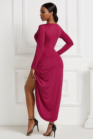 High-low Ruched Surplice Long Sleeve Dress-Teresa's Fashionista LLC