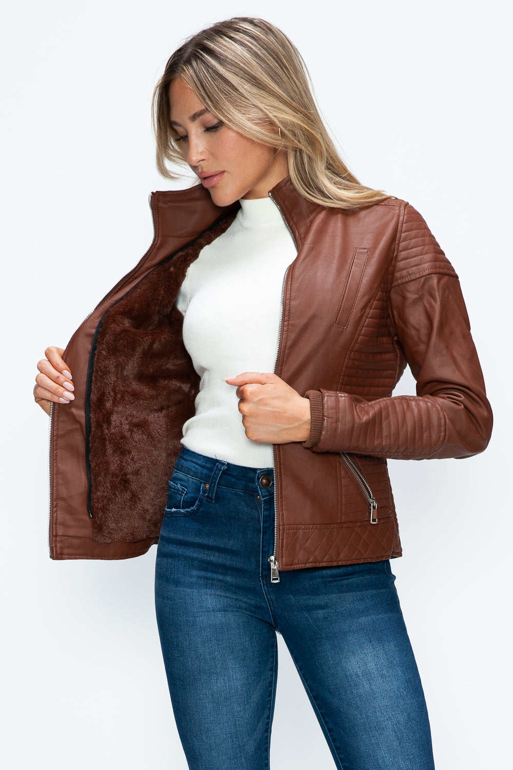YMI Faux Layered Double-Zipper Jacket with Fuzzy Hood - Teresa's Fashionista LLC