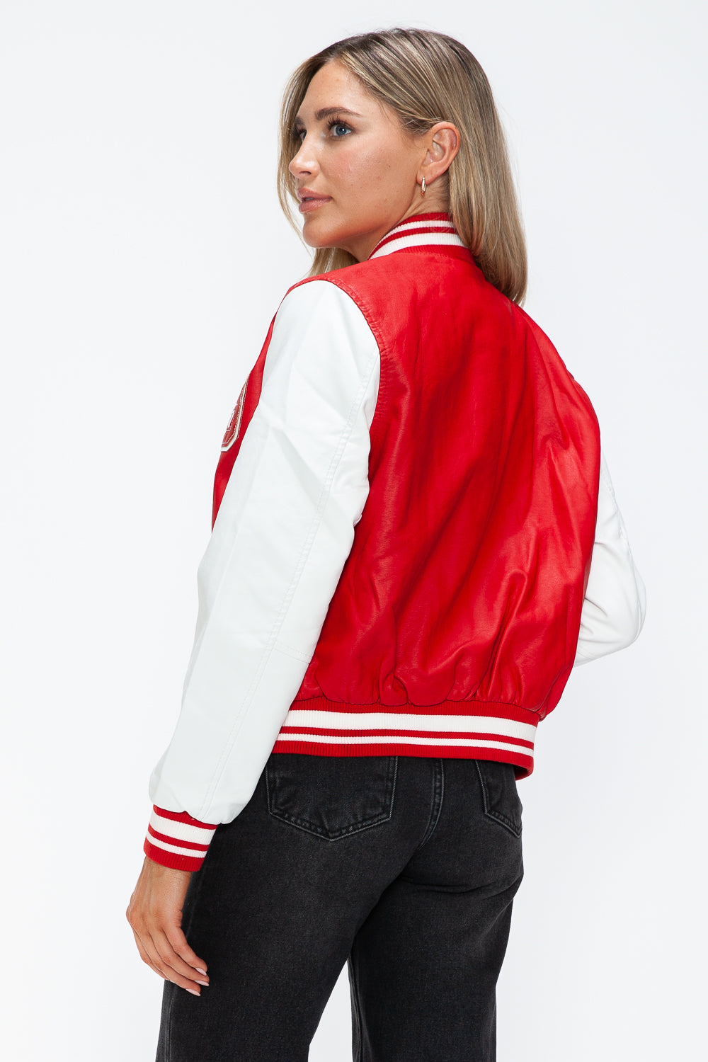 Love Me Now PU Leather Contrast Snap Down Bomber Jacket - Teresa's Fashionista LLC