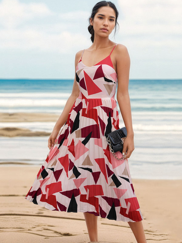 Pleated Geometric Spaghetti Strap Dress-Teresa's Fashionista LLC