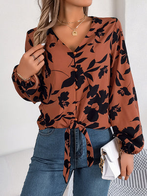 Printed V-Neck Long Sleeve Blouse-Teresa's Fashionista LLC