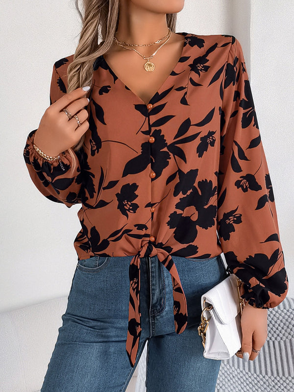 Printed V-Neck Long Sleeve Blouse-Teresa's Fashionista LLC
