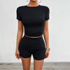 Solid Color Slim Sports Suit Summer 2Pcs Short-sleeved Round Neck T-shirt And Elastic Shorts Fashion Womens Clothing - Teresa's Fashionista LLC