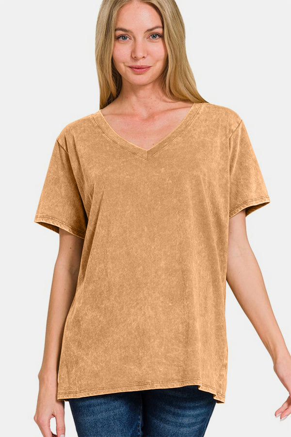 Zenana Full Size Washed Short Sleeve V-Neck T-Shirt - Teresa's Fashionista LLC