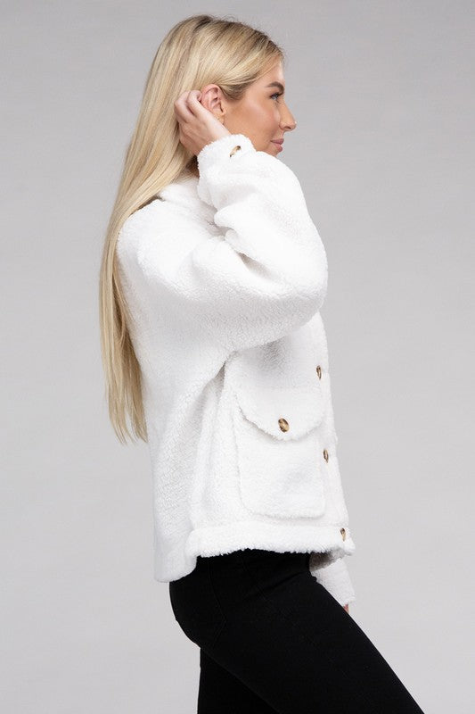 Cozy Sherpa Button-Front Jacket-Teresa's Fashionista LLC