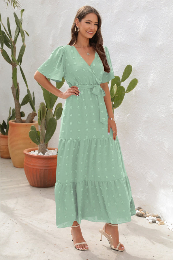 Swiss Dot Tied Surplice Short Sleeve Dress-Teresa's Fashionista LLC