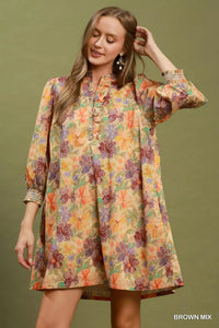 Umgee Mix Floral Print Smocked Cuff Mini Dress