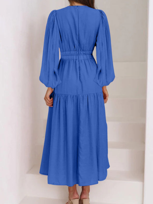 Deep V-Neck Balloon Sleeve Plain Maxi Dress-Teresa's Fashionista LLC