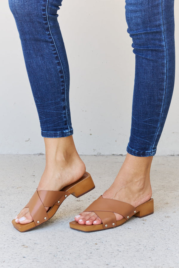 Weeboo Step Into Summer Criss Cross Wooden Clog Mule in Brown-Teresa's Fashionista LLC