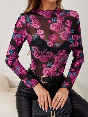 Floral Mock Neck Long Sleeve Top - Teresa's Fashionista LLC