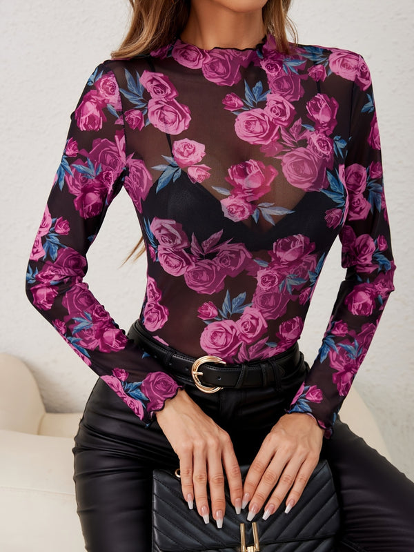 Floral Mock Neck Long Sleeve Top - Teresa's Fashionista LLC