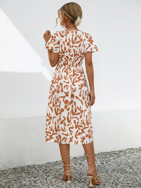 Printed V-Neck Short Sleeve Dress-Teresa's Fashionista LLC