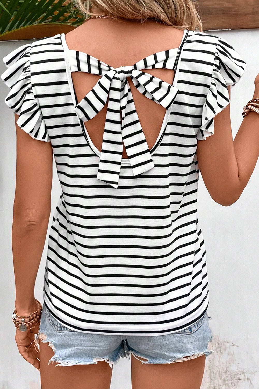 Tied Striped V-Neck Cap Sleeve T-Shirt-Teresa's Fashionista LLC
