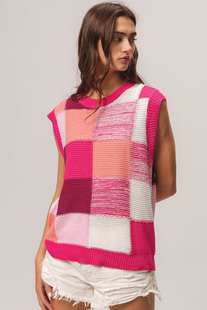 BiBi Color Block Round Neck Sweater Vest-Teresa's Fashionista LLC