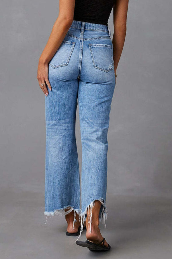 Distressed Raw Hem Jeans with Pockets - Teresa's Fashionista LLC