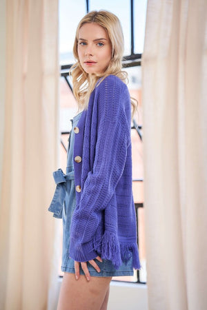 Davi & Dani Fringe V-Neck Button Up Long Sleeve Cardigan - Teresa's Fashionista LLC