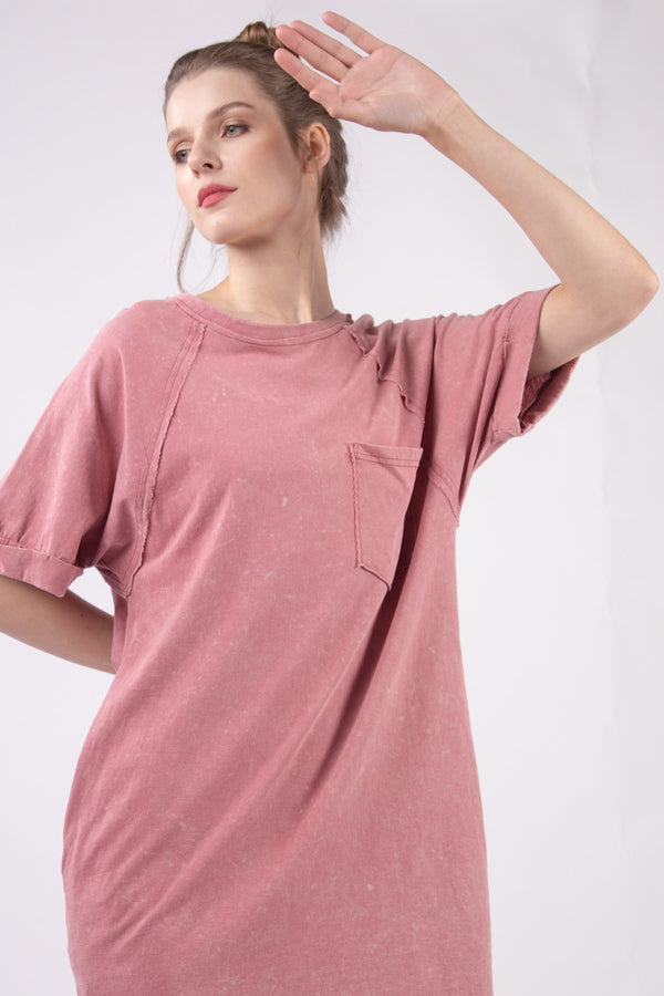 VERY J Washed Round Neck Mini Tee Dress-Teresa's Fashionista LLC