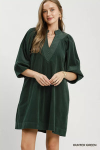 Umgee Corduroy V-Neck Puff Sleeve Shift Dress with Pockets