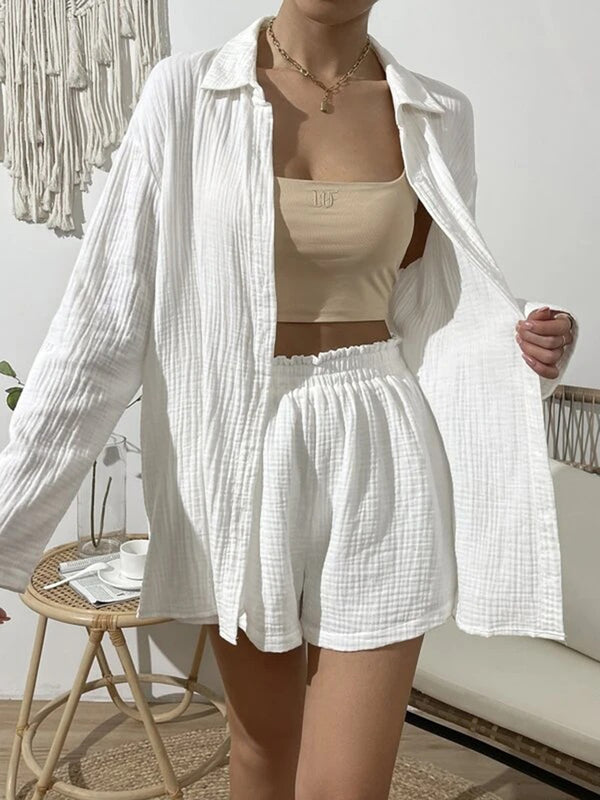 Dropped Shoulder Button Up Top and Elastic Waist Shorts Set-Teresa's Fashionista LLC